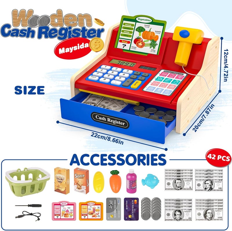 maysida Store Rechargeable Wooden Cash Register for Kids, Pretend Play Calculator Cash Register Toys with Scanner, Play Money&Credit Card, Play Cash Register, Toddler Boys Girls Age 2-4 4-8 - Image 3